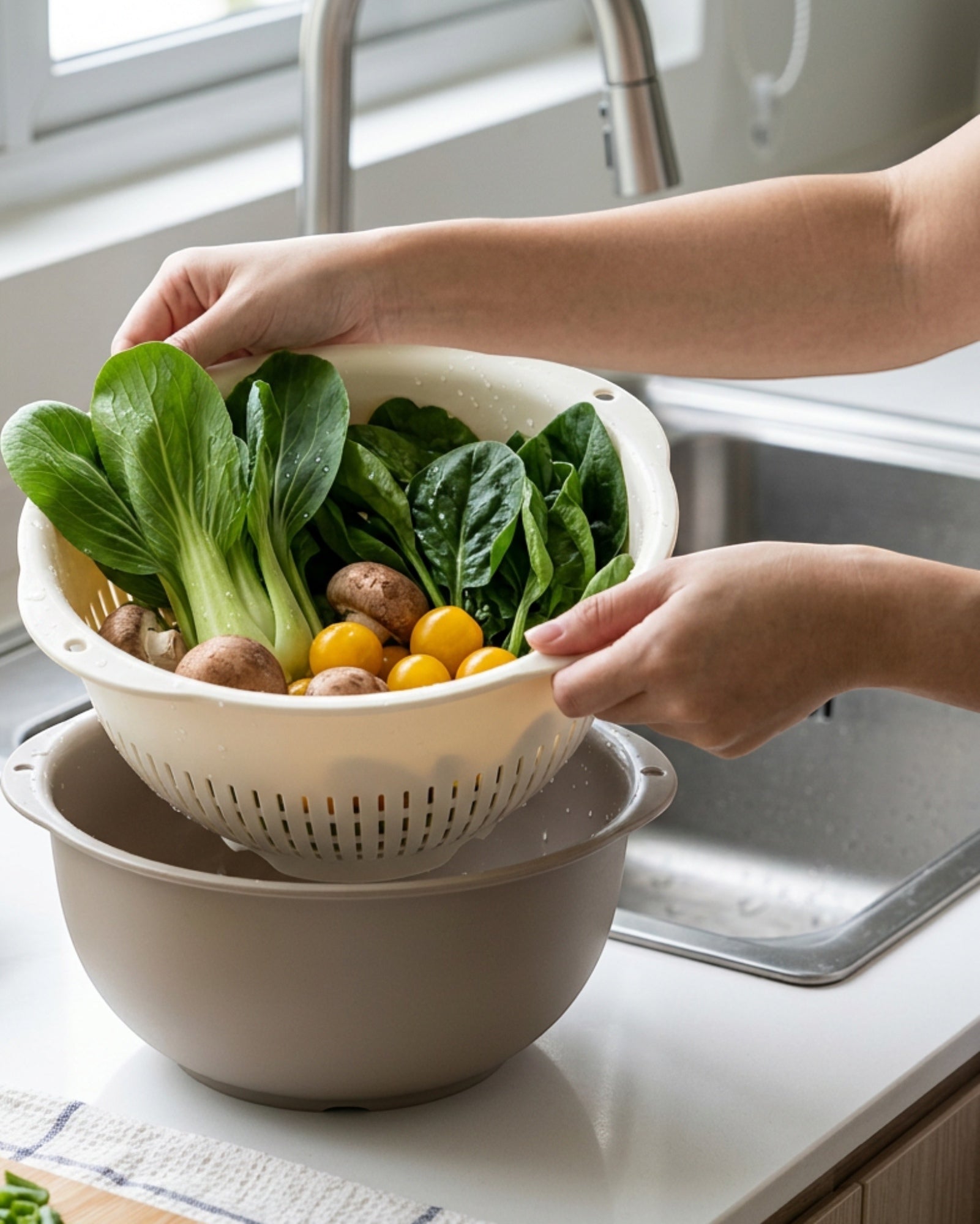 Selvag Double Layer Vegetable Washing Basket Cream 2 qt